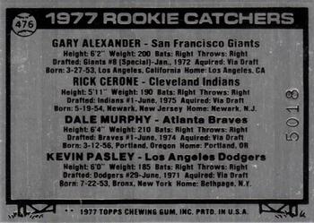 1984 Huntington's Disease Research Fundraiser 1977 Topps Murphy Rookie Aluminum Replica #476 Rookie Catchers (Gary Alexander / Rick Cerone / Dale Murphy / Kevin Pasley) Back
