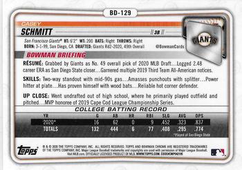2020 Bowman Draft - Chrome #BD-129 Casey Schmitt Back