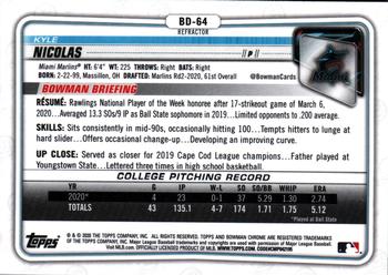 2020 Bowman Draft - Chrome Refractor #BD-64 Kyle Nicolas Back