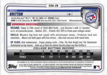 2020 Bowman Draft - Chrome Draft Pick Autographs #CDA-ZB Zach Britton Back