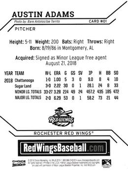 2019 Choice Rochester Red Wings #1 Austin Adams Back