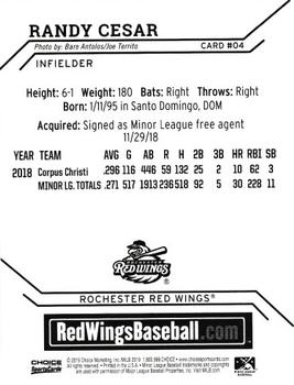 2019 Choice Rochester Red Wings #4 Randy Cesar Back