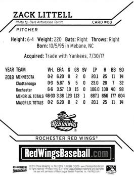 2019 Choice Rochester Red Wings #8 Zack Littell Back