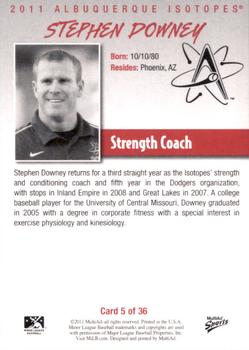 2011 MultiAd Albuquerque Isotopes #5 Stephen Downey Back