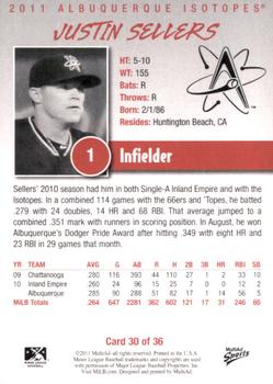 2011 MultiAd Albuquerque Isotopes #30 Justin Sellers Back