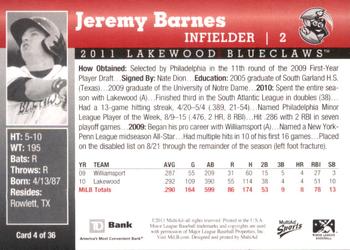 2011 MultiAd Lakewood BlueClaws SGA #4 Jeremy Barnes Back