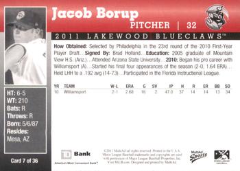 2011 MultiAd Lakewood BlueClaws SGA #7 Jacob Borup Back