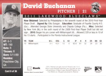 2011 MultiAd Lakewood BlueClaws SGA #8 David Buchanan Back