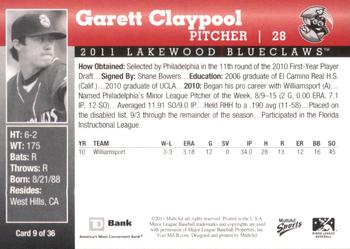 2011 MultiAd Lakewood BlueClaws SGA #9 Garett Claypool Back
