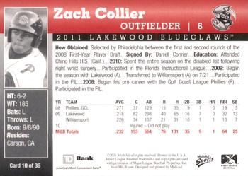 2011 MultiAd Lakewood BlueClaws SGA #10 Zach Collier Back