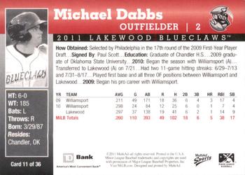 2011 MultiAd Lakewood BlueClaws SGA #11 Michael Dabbs Back