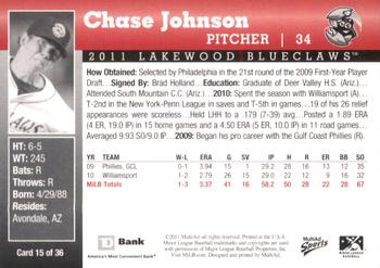 2011 MultiAd Lakewood BlueClaws SGA #15 Chase Johnson Back