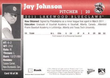 2011 MultiAd Lakewood BlueClaws SGA #16 Jay Johnson Back