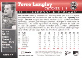 2011 MultiAd Lakewood BlueClaws SGA #18 Torre Langley Back