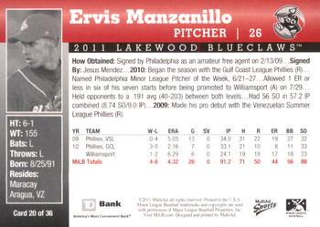 2011 MultiAd Lakewood BlueClaws SGA #20 Ervis Manzanillo Back