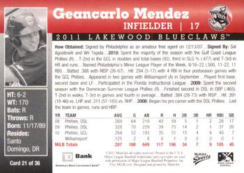 2011 MultiAd Lakewood BlueClaws SGA #21 Geancarlo Mendez Back