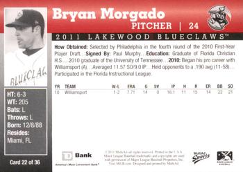 2011 MultiAd Lakewood BlueClaws SGA #22 Bryan Morgado Back