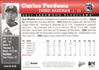 2011 MultiAd Lakewood BlueClaws SGA #24 Carlos Perdomo Back