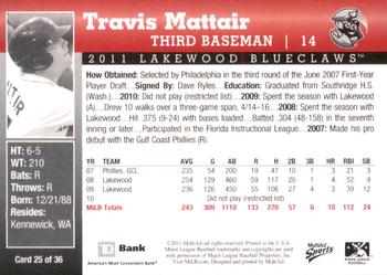 2011 MultiAd Lakewood BlueClaws SGA #25 Travis Mattair Back
