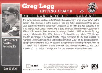 2011 MultiAd Lakewood BlueClaws SGA #32 Greg Legg Back