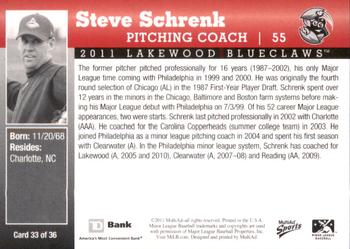 2011 MultiAd Lakewood BlueClaws SGA #33 Steve Schrenk Back