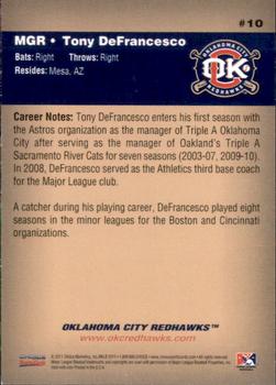 2011 Choice Oklahoma City RedHawks #10 Tony Defrancesco Back