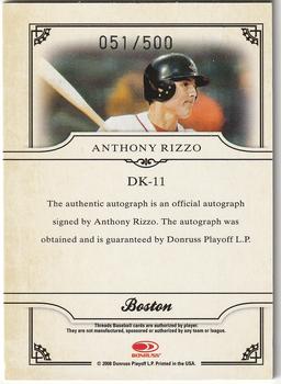 2008 Donruss Threads - Diamond Kings Signatures #DK-11 Anthony Rizzo Back