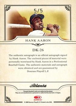 2008 Donruss Threads - Diamond Kings Signatures Materials #DK-26 Hank Aaron Back