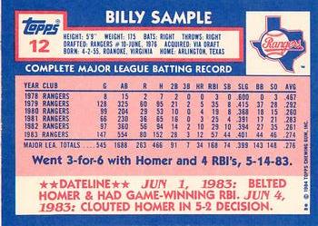 1984 Topps - Collector's Edition (Tiffany) #12 Billy Sample Back