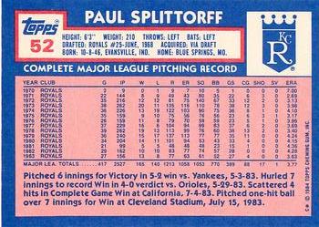 1984 Topps - Collector's Edition (Tiffany) #52 Paul Splittorff Back