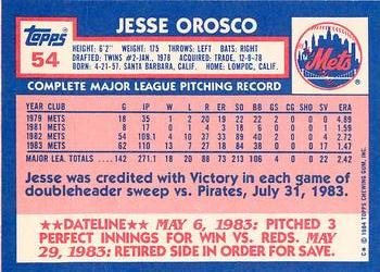 1984 Topps - Collector's Edition (Tiffany) #54 Jesse Orosco Back
