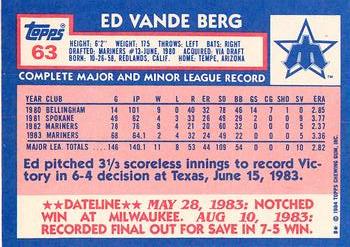 1984 Topps - Collector's Edition (Tiffany) #63 Ed Vande Berg Back