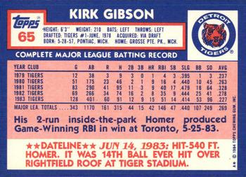 1984 Topps - Collector's Edition (Tiffany) #65 Kirk Gibson Back