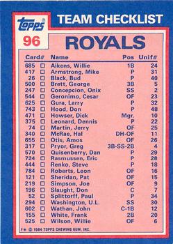 1984 Topps - Collector's Edition (Tiffany) #96 Royals Leaders / Checklist (Hal McRae / Larry Gura) Back