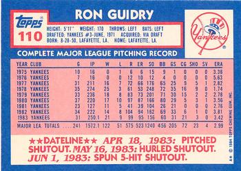 1984 Topps - Collector's Edition (Tiffany) #110 Ron Guidry Back