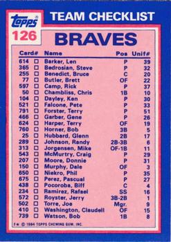 1984 Topps - Collector's Edition (Tiffany) #126 Braves Leaders / Checklist (Dale Murphy / Craig McMurtry) Back