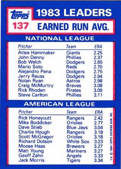 1984 Topps - Collector's Edition (Tiffany) #137 1983 Earned Run Average Leaders (Atlee Hammaker / Rick Honeycutt) Back