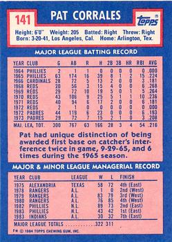 1984 Topps - Collector's Edition (Tiffany) #141 Pat Corrales Back