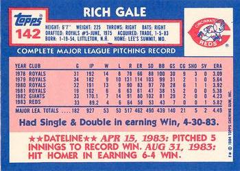1984 Topps - Collector's Edition (Tiffany) #142 Rich Gale Back