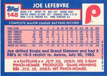 1984 Topps - Collector's Edition (Tiffany) #148 Joe Lefebvre Back