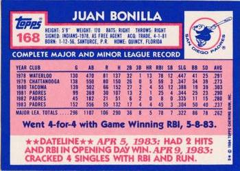1984 Topps - Collector's Edition (Tiffany) #168 Juan Bonilla Back