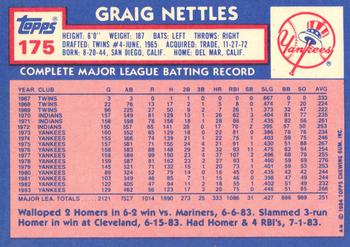 1984 Topps - Collector's Edition (Tiffany) #175 Graig Nettles Back