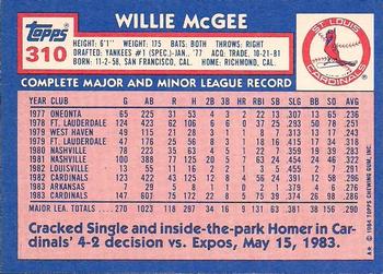 1984 Topps - Collector's Edition (Tiffany) #310 Willie McGee Back