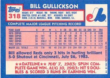 1984 Topps - Collector's Edition (Tiffany) #318 Bill Gullickson Back