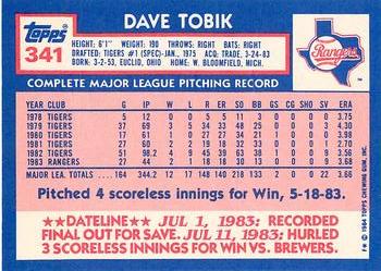 1984 Topps - Collector's Edition (Tiffany) #341 Dave Tobik Back
