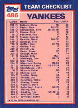 1984 Topps - Collector's Edition (Tiffany) #486 Yankees Leaders / Checklist (Don Baylor / Ron Guidry) Back