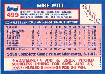1984 Topps - Collector's Edition (Tiffany) #499 Mike Witt Back