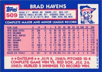 1984 Topps - Collector's Edition (Tiffany) #509 Brad Havens Back