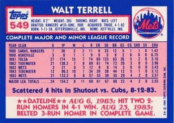 1984 Topps - Collector's Edition (Tiffany) #549 Walt Terrell Back