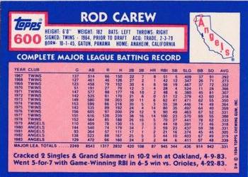 1984 Topps - Collector's Edition (Tiffany) #600 Rod Carew Back